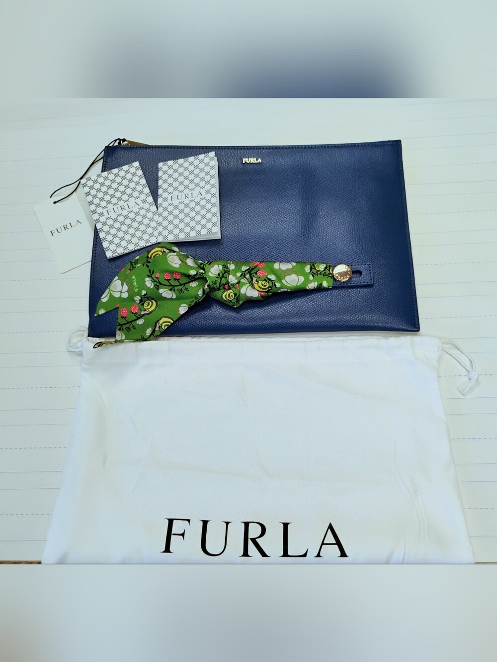 NWT Furla Leather Clutch w/ Green Floral Scarf Accent GHW - Picture 9 of 13